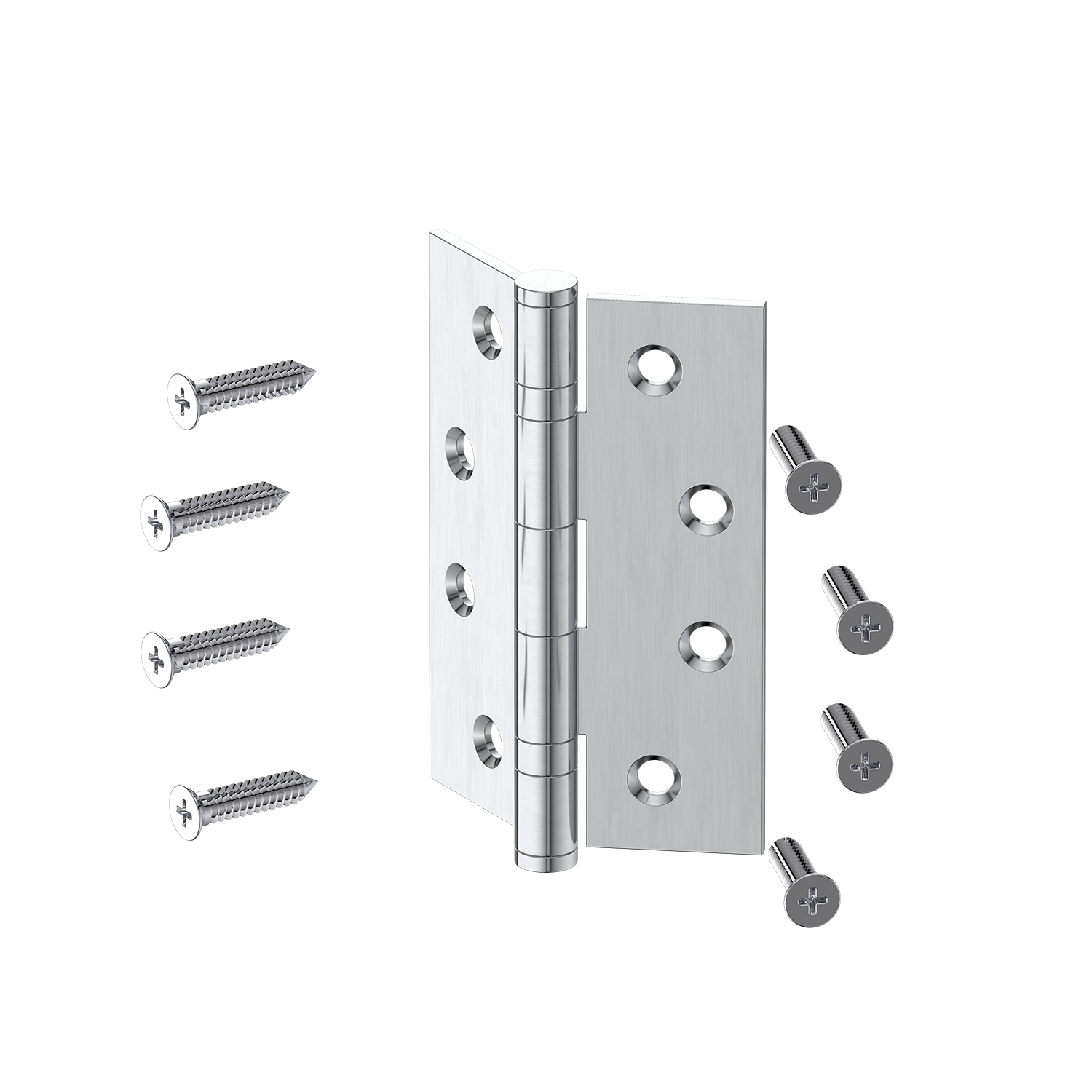 Brushed Nickel door hinge with screws on a white background