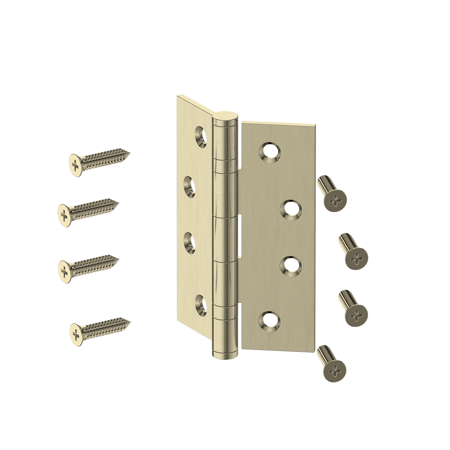 Gold door hinge with screws on a white background