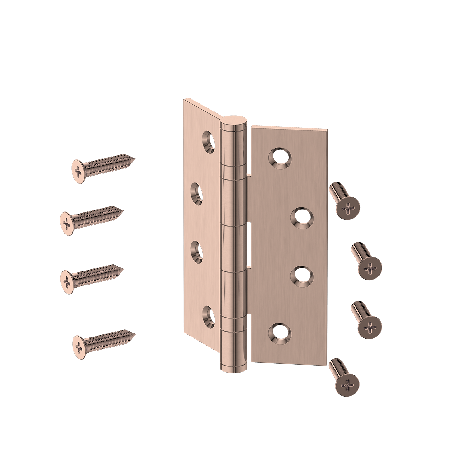 Rose gold door hinge with screws on a white background