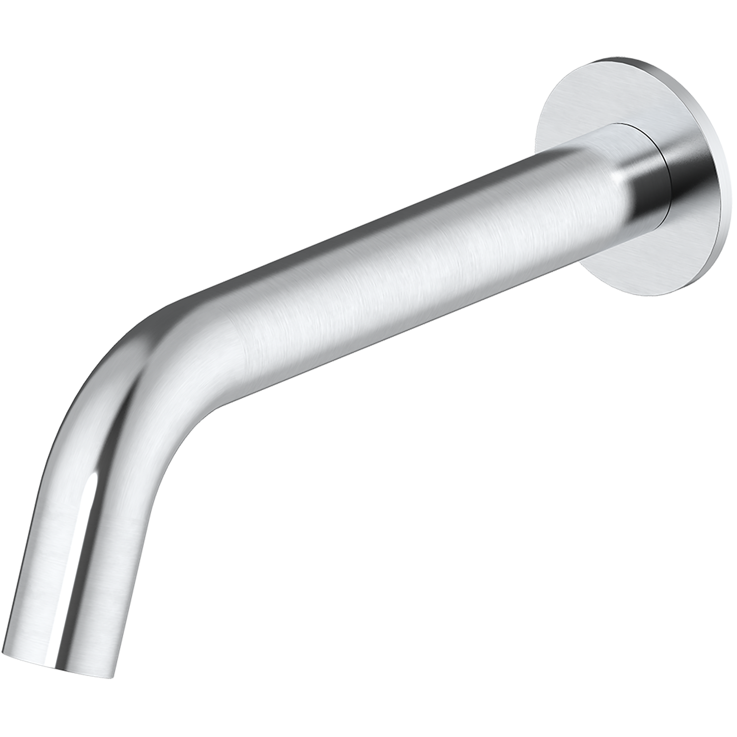 Brushed Nickel wall-mounted spout on a white background