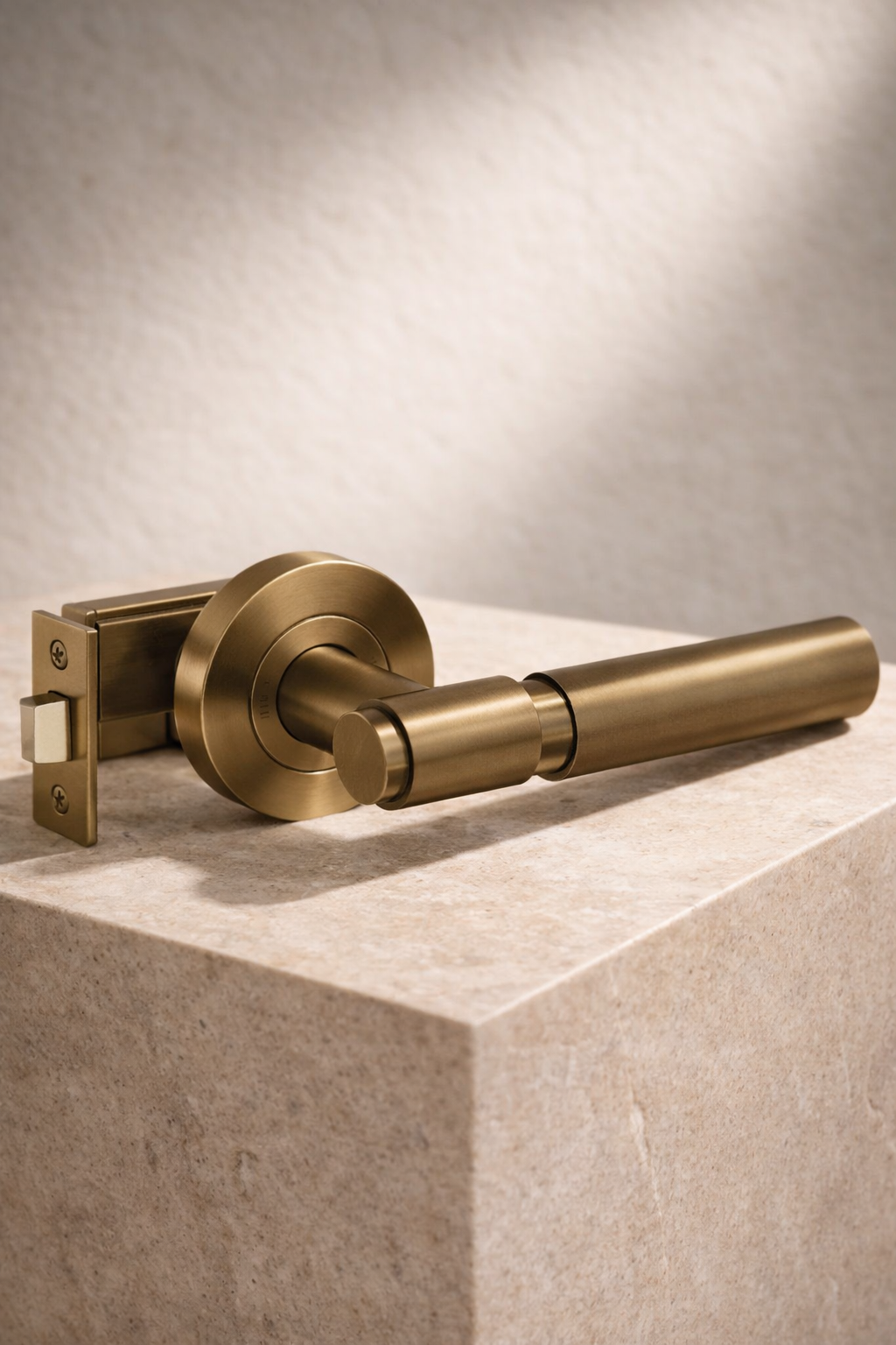Brass door handle on a textured surface