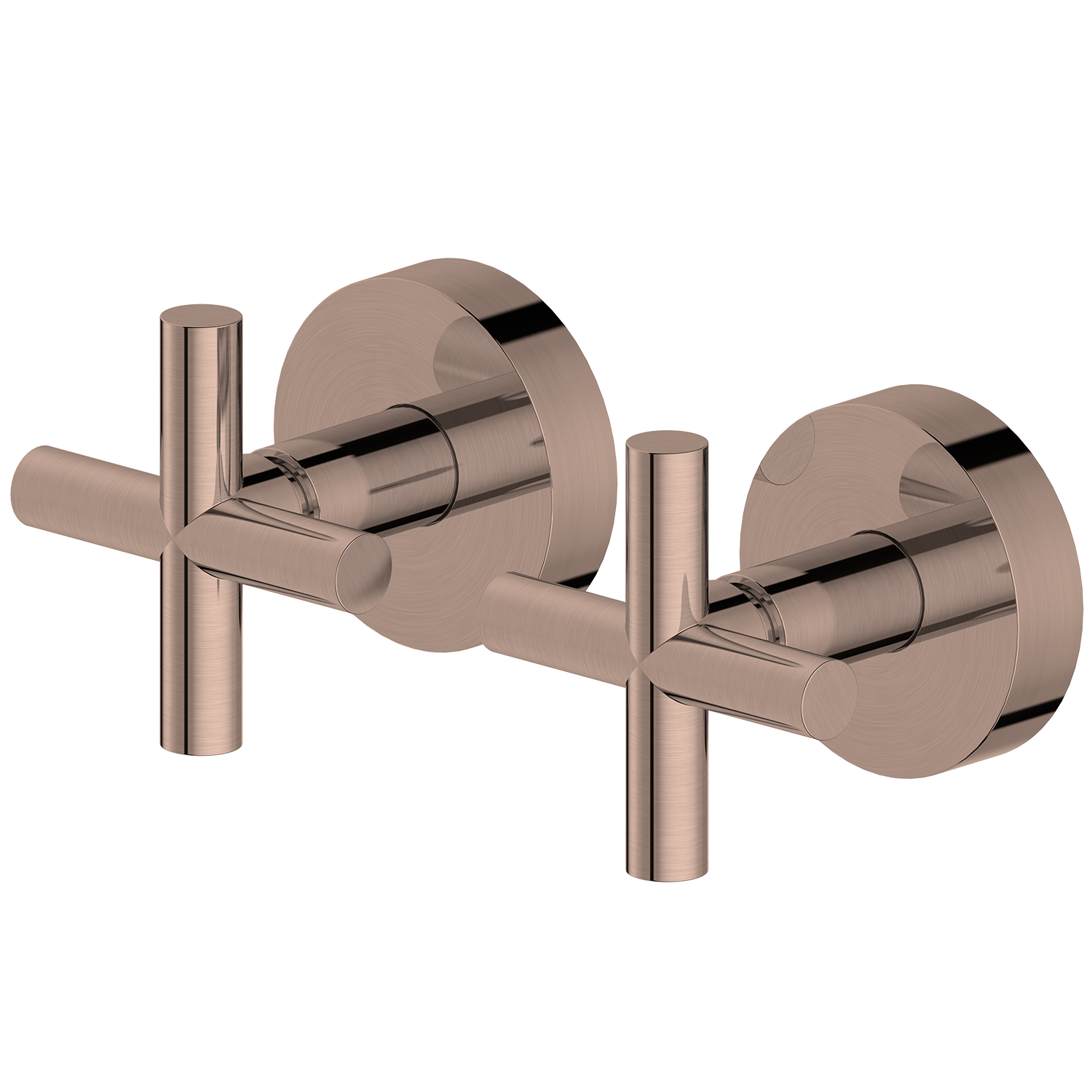 Rose gold wall-mounted faucet mixers on a white background