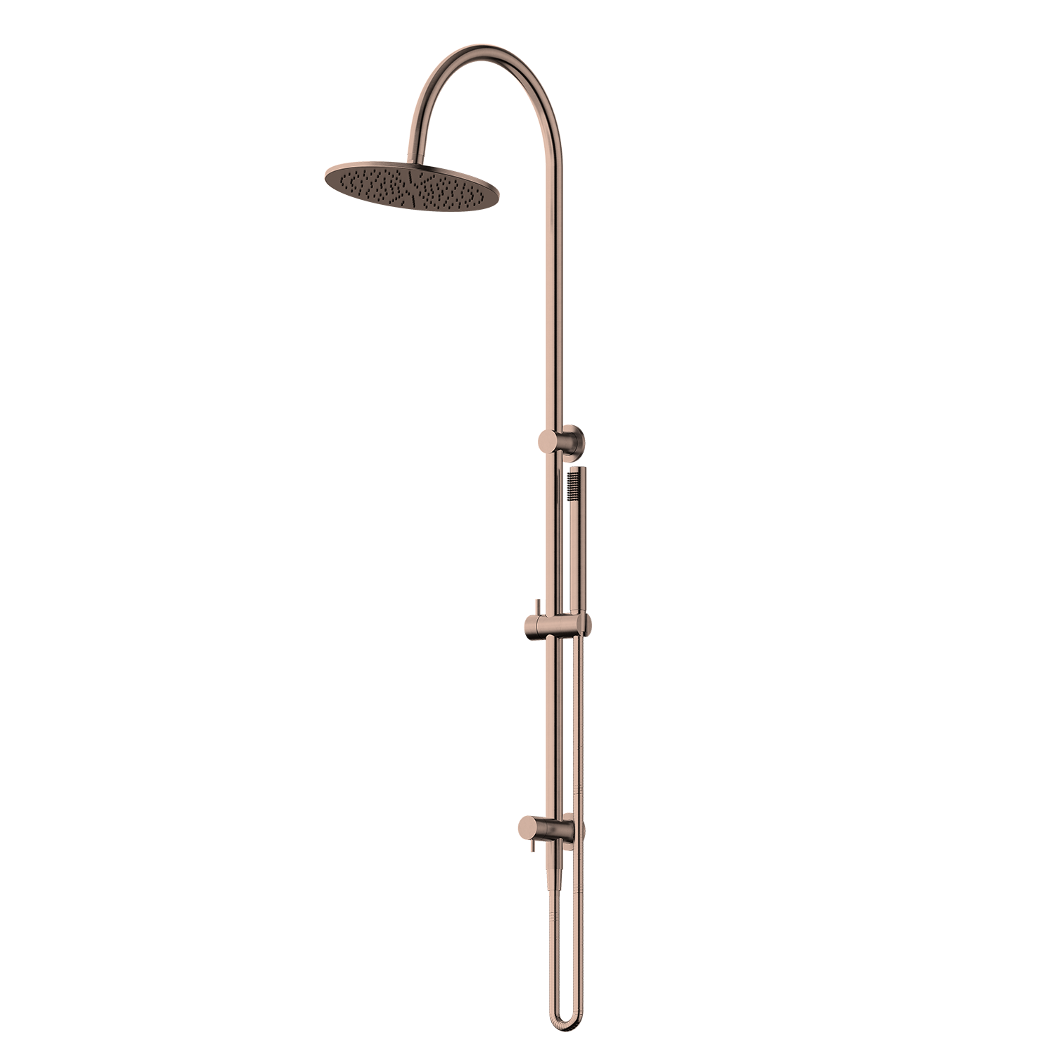 Rose Gold shower head with handheld shower and slide bar on a white background