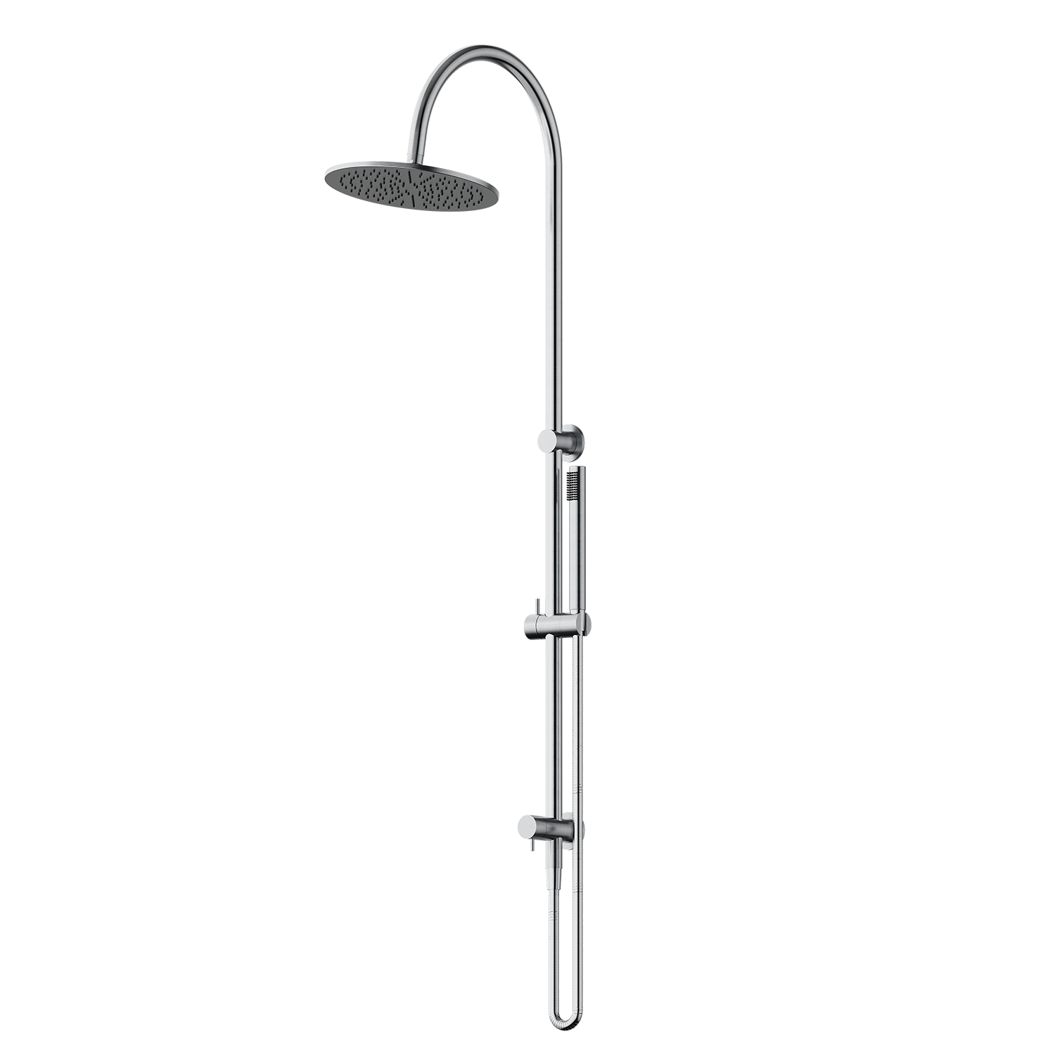 Brushed Nickel shower head with adjustable arm on a white background