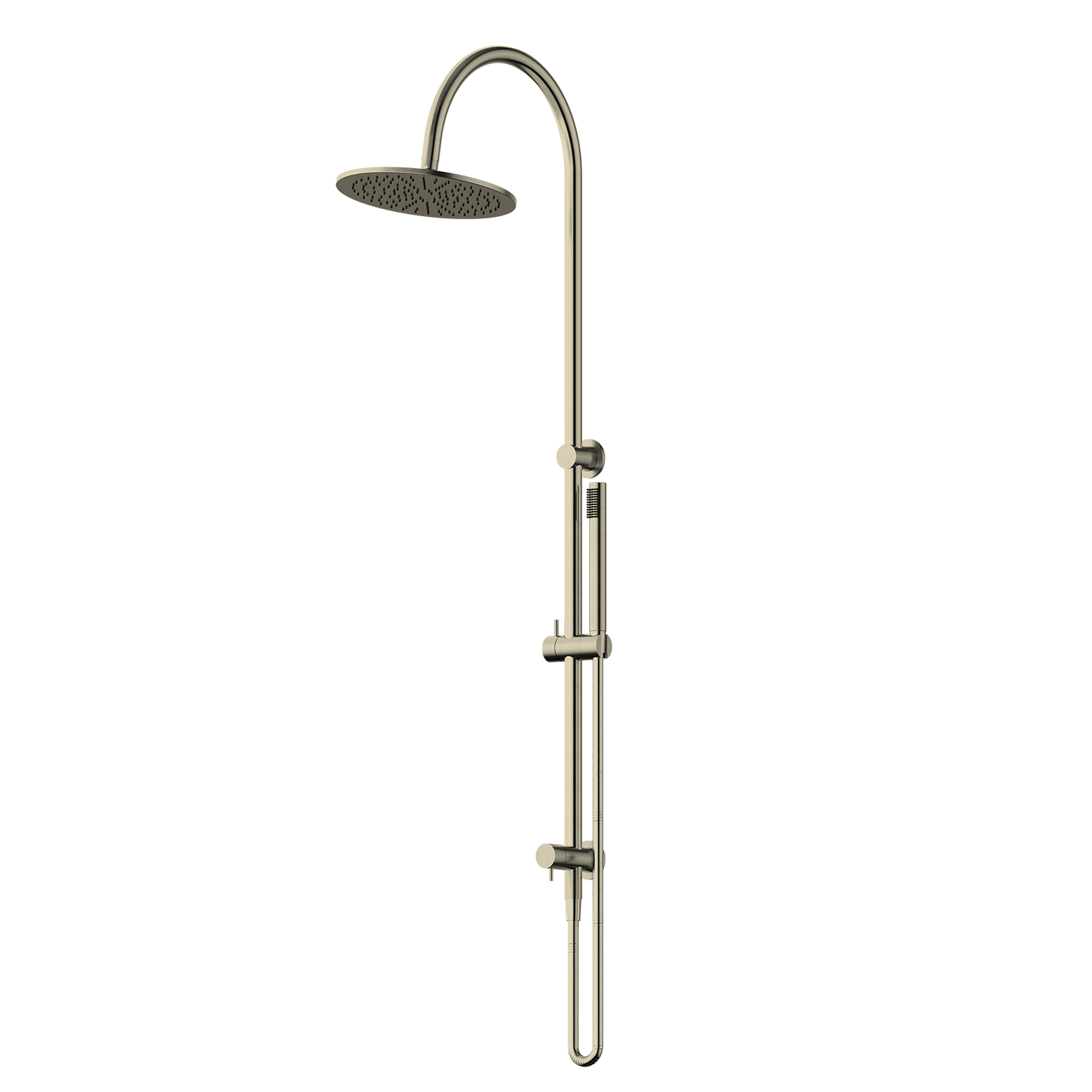 Brushed Gold shower head with adjustable arm on a white background