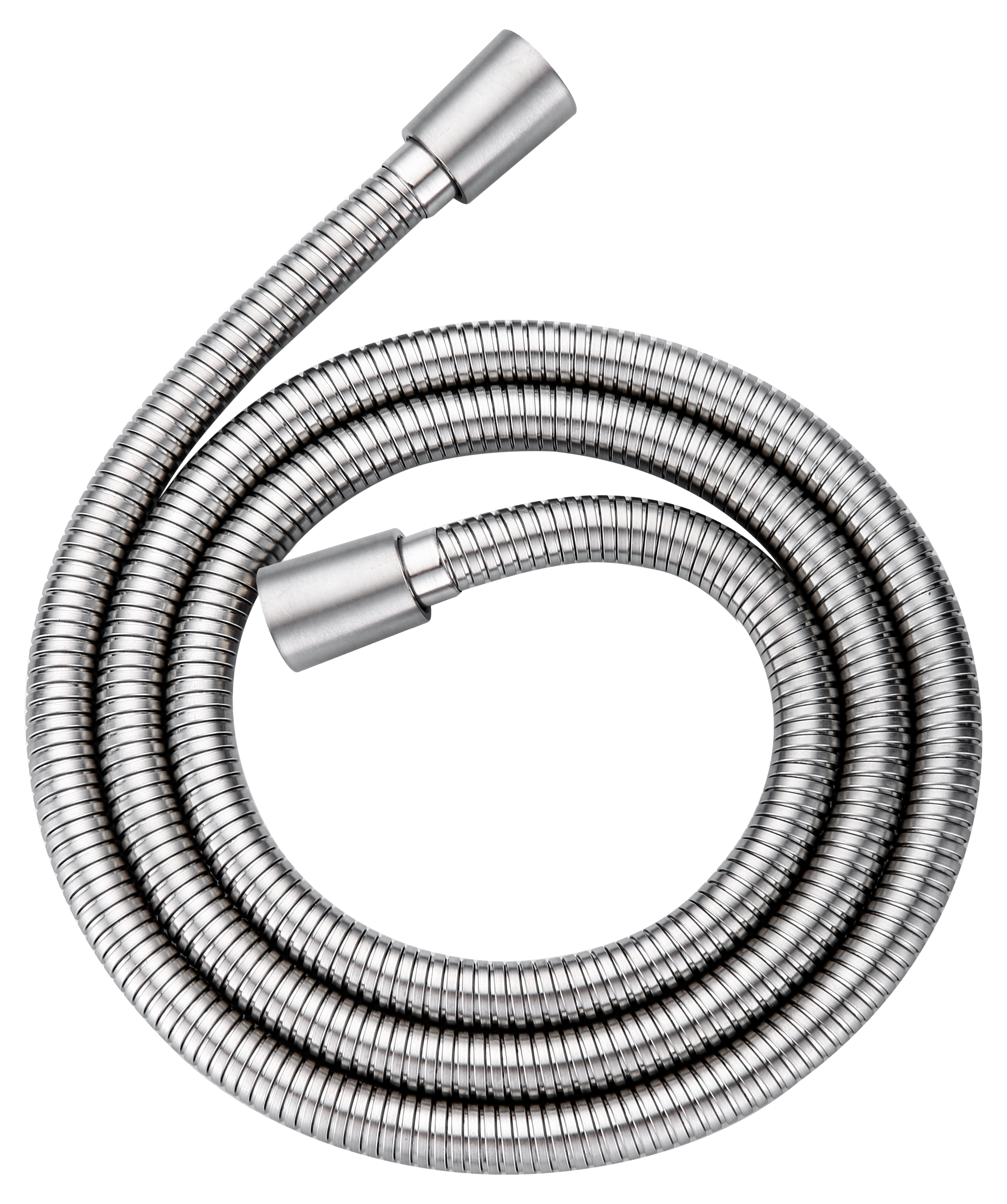 Coiled shower hose with Brushed Nickel finish on a white background