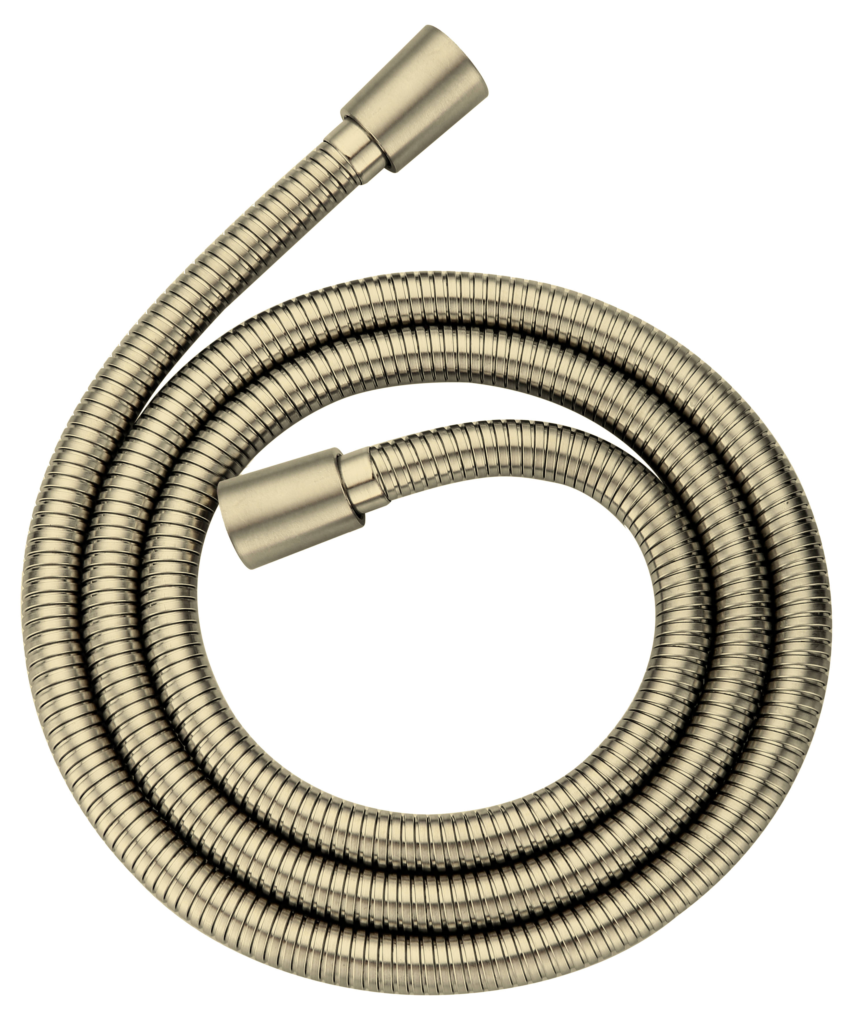 Brushed Gold-coloured flexible hose with brass connectors on a white background