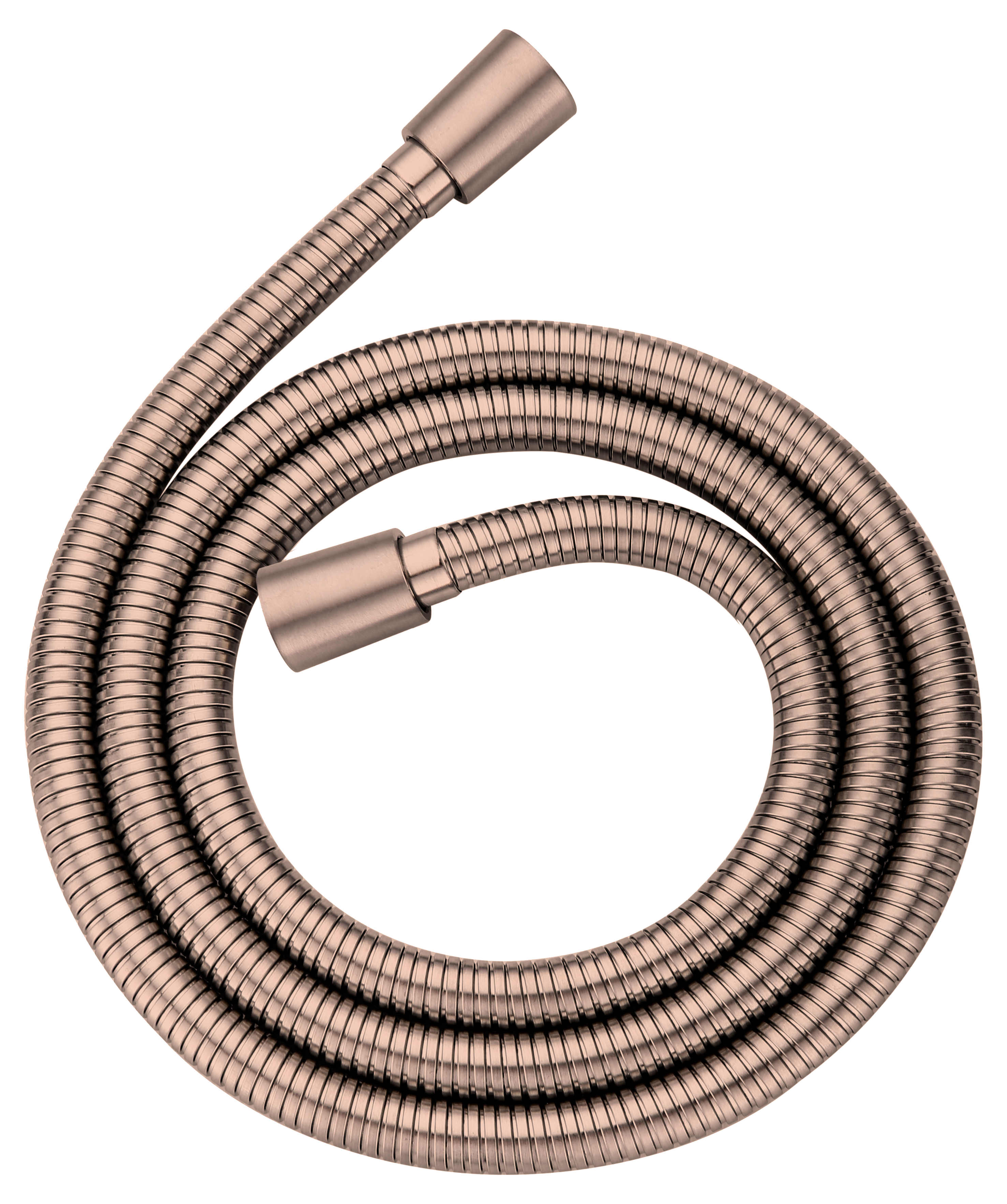 Rose gold shower hose with brass connectors on a white background