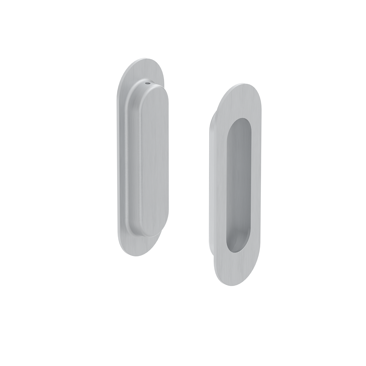 Two Brushed Nickel door handles on a white background