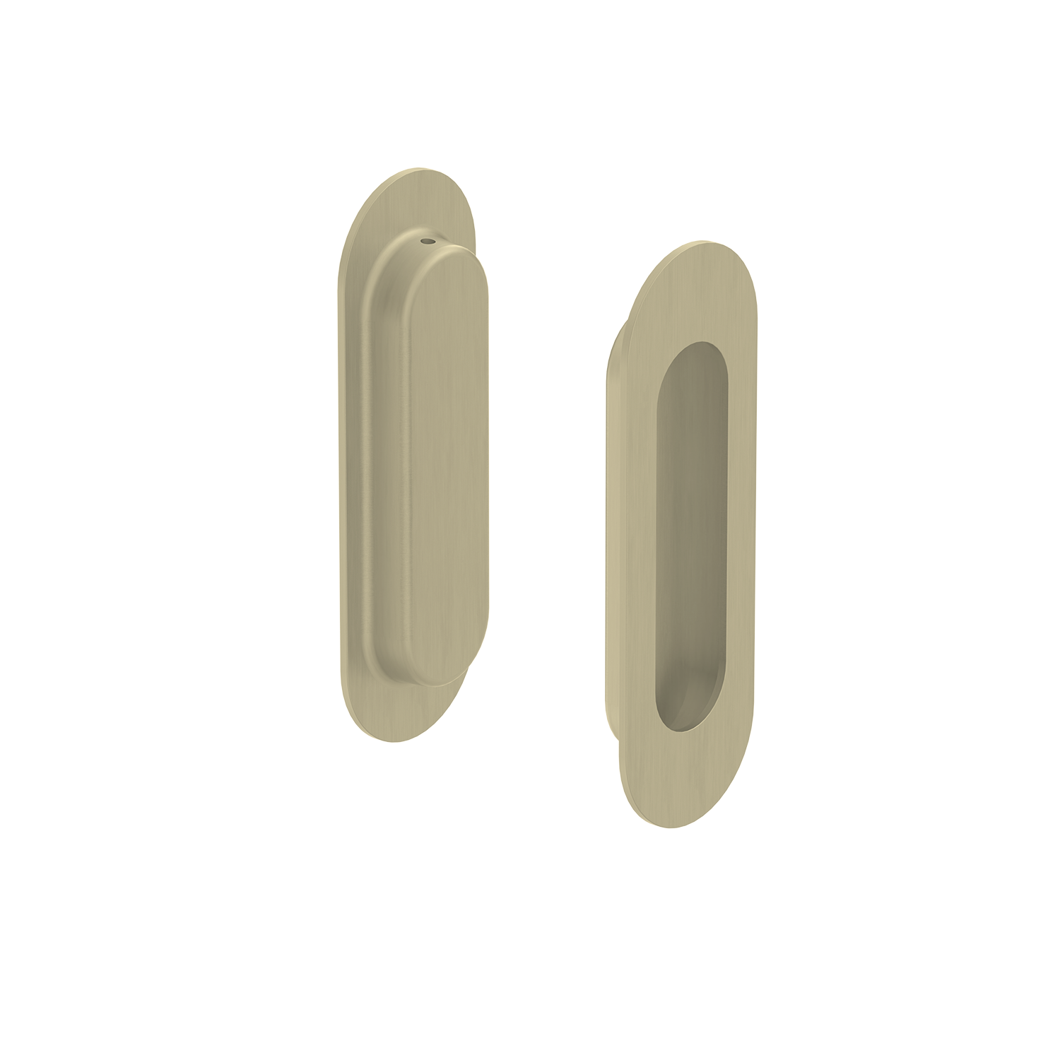 Two Brushed Gold door handles on a white background