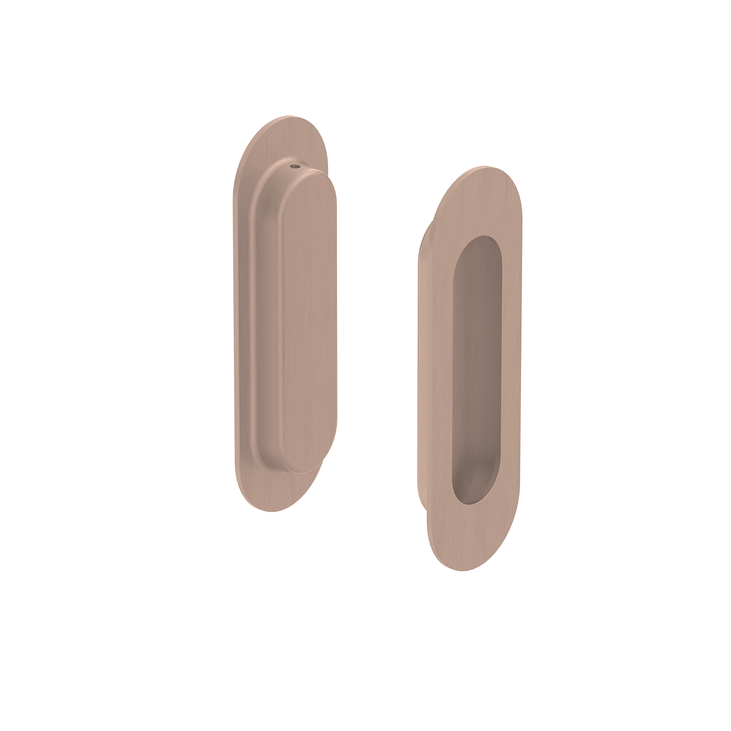 Two rose gold door handles on a white background