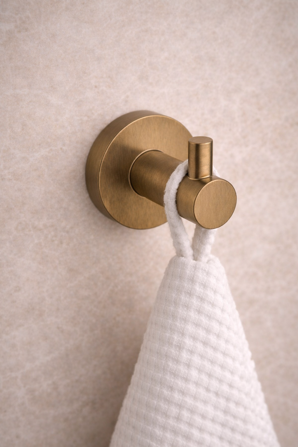 Antique Brass robe hook with a white towel on a beige wall