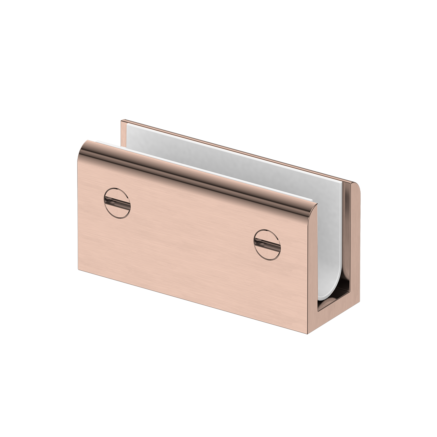 Rose gold glass holder with a clear glass panel on a white background