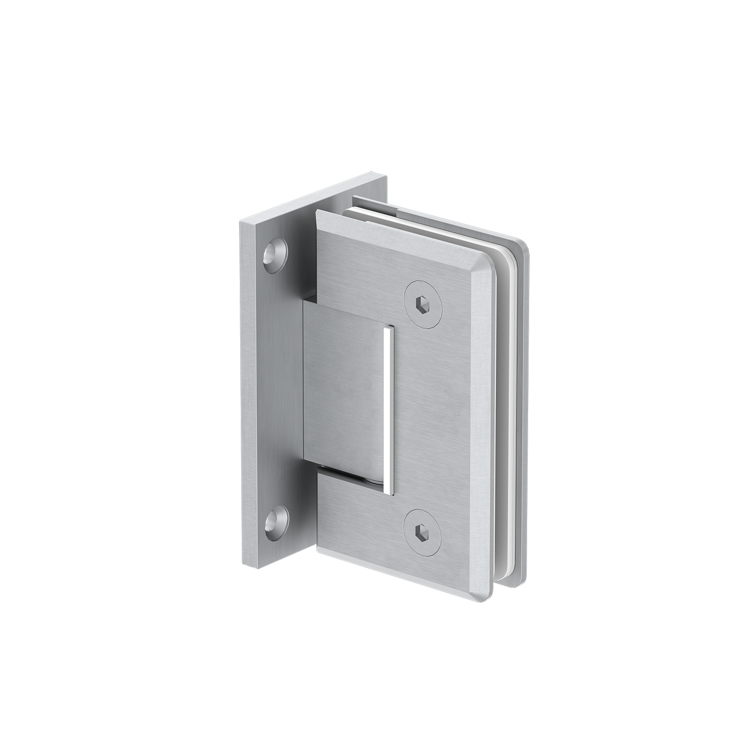 Brushed Nickel shower door hinge on a white background