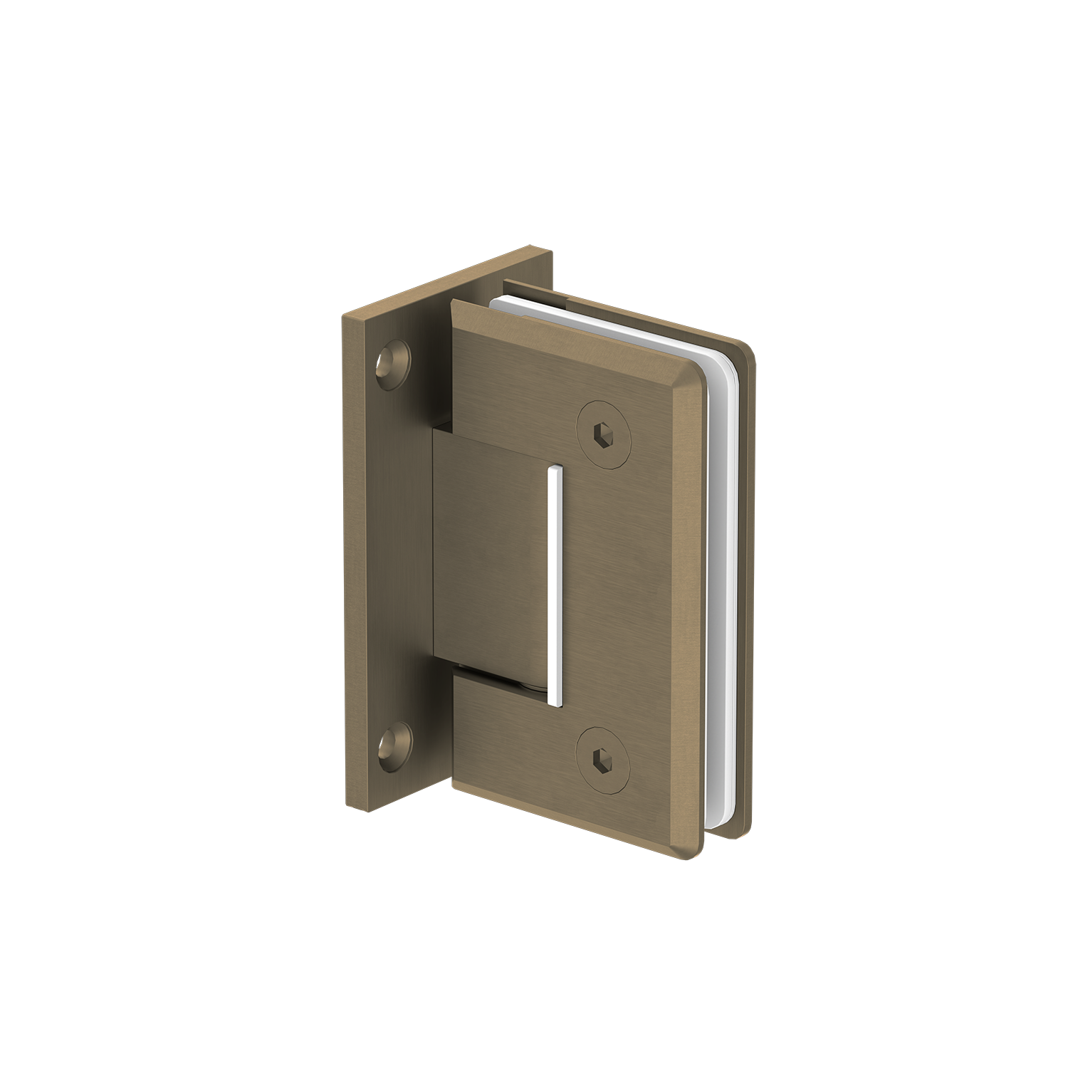 Antique brass glass shower door hinge on a white background