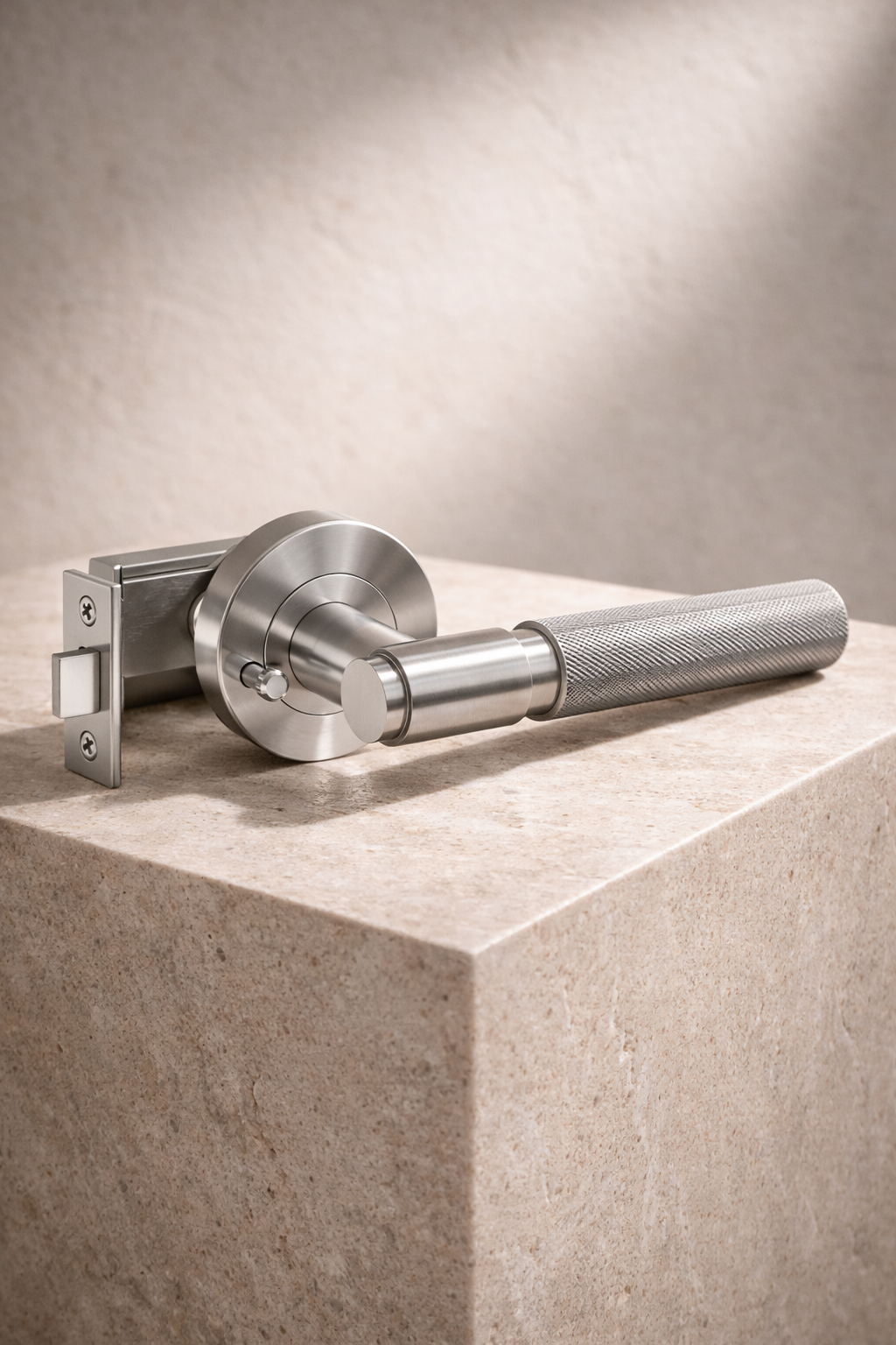 Metal door handle on a textured surface with soft lighting