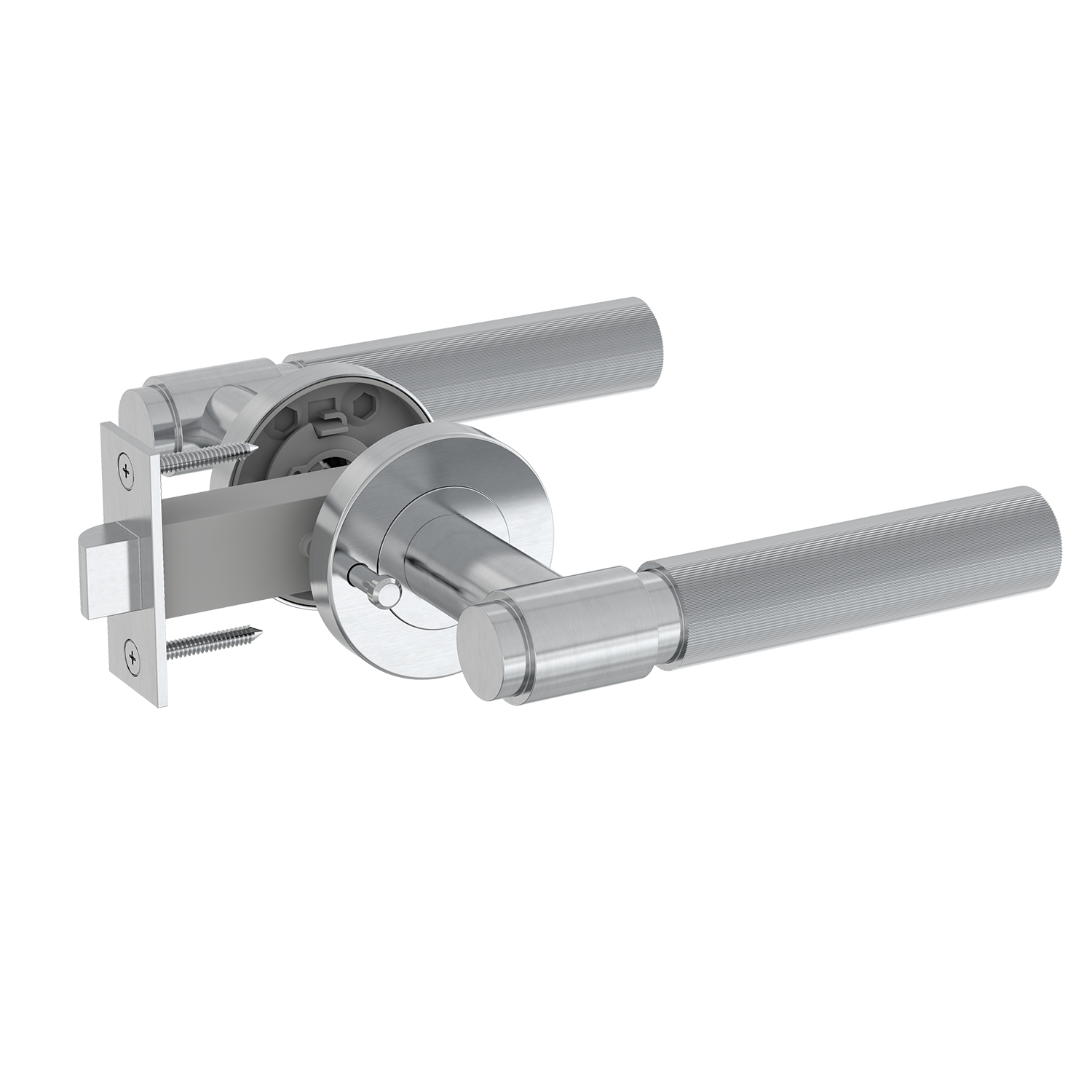 Silver door handle and lock mechanism on a white background