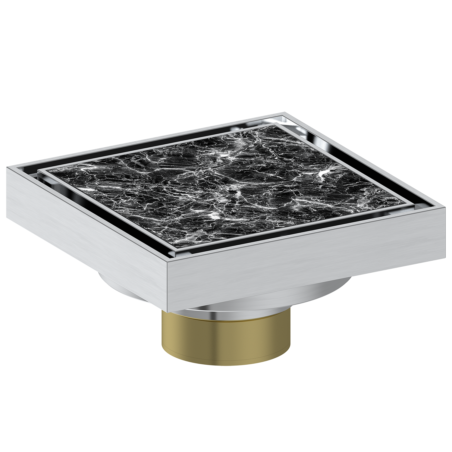 Square shower drain with marble-patterned cover and brushed nickel base on a white background