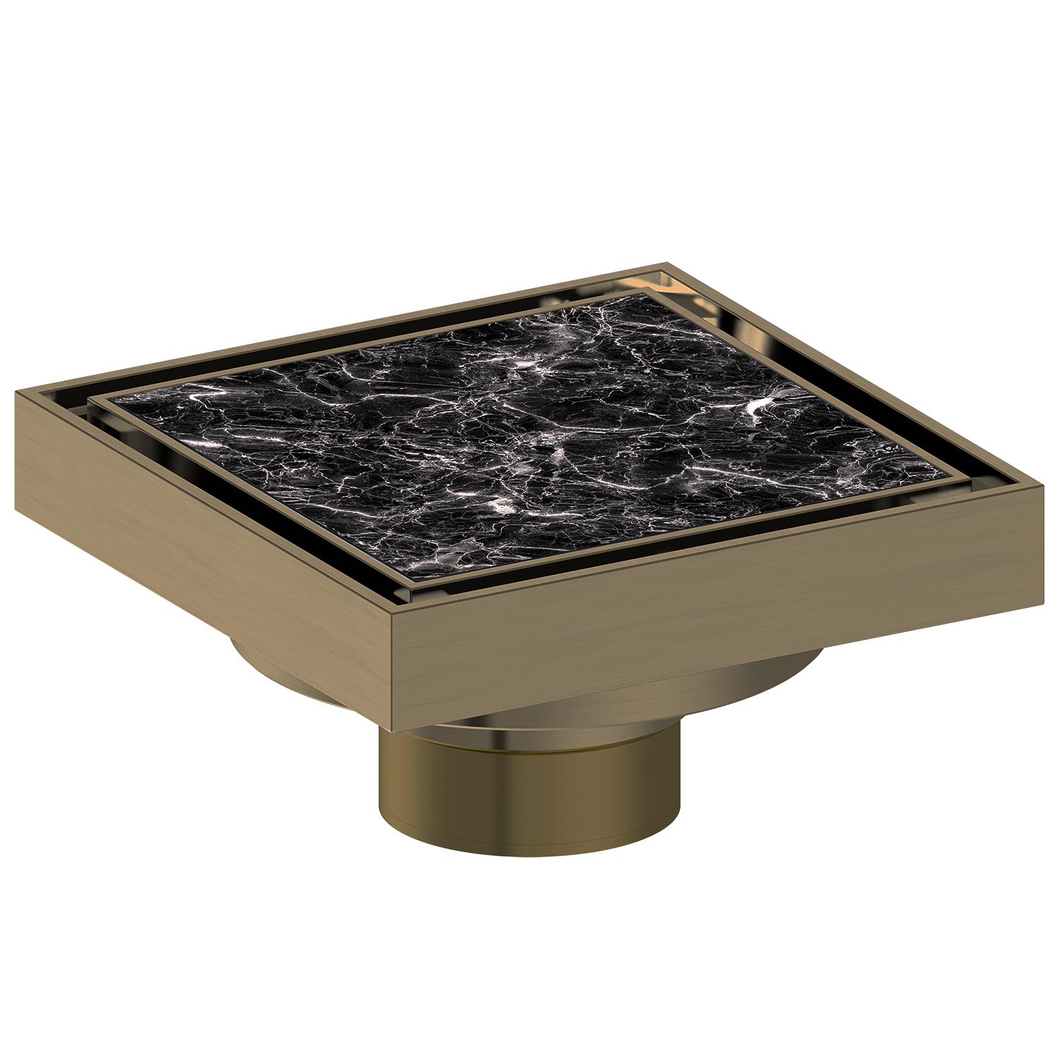 Square drain cover with black marble pattern and antique brass frame on a white background