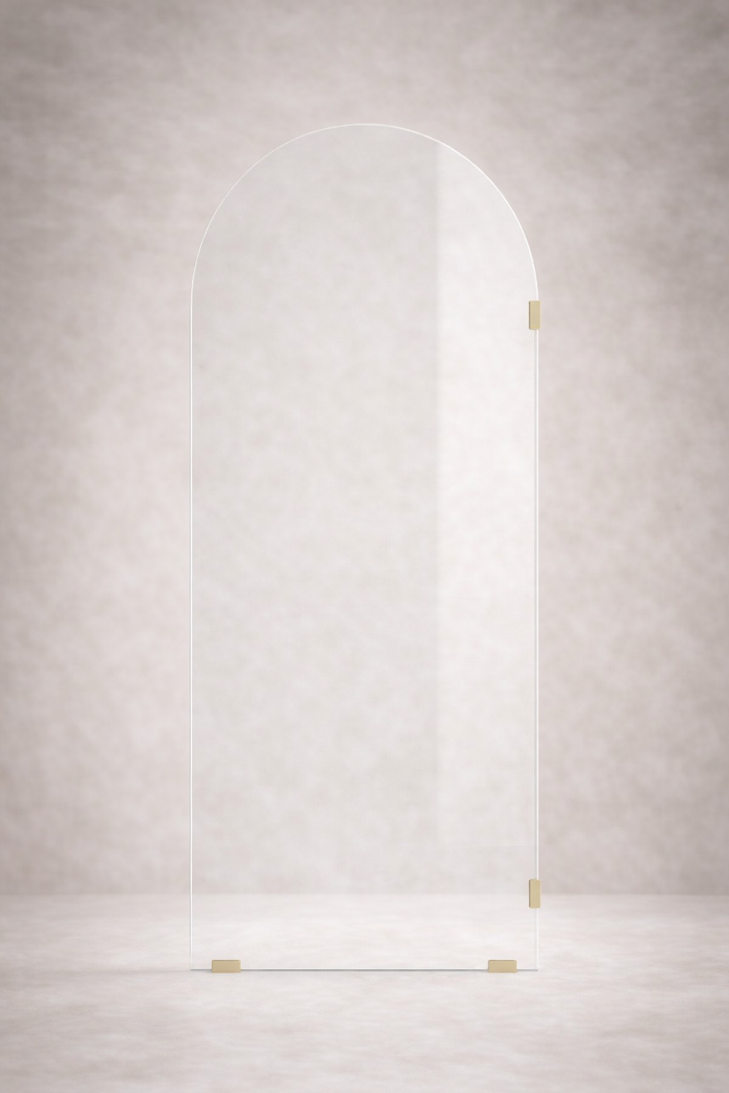 Clear glass partition with gold brackets on a light gray background