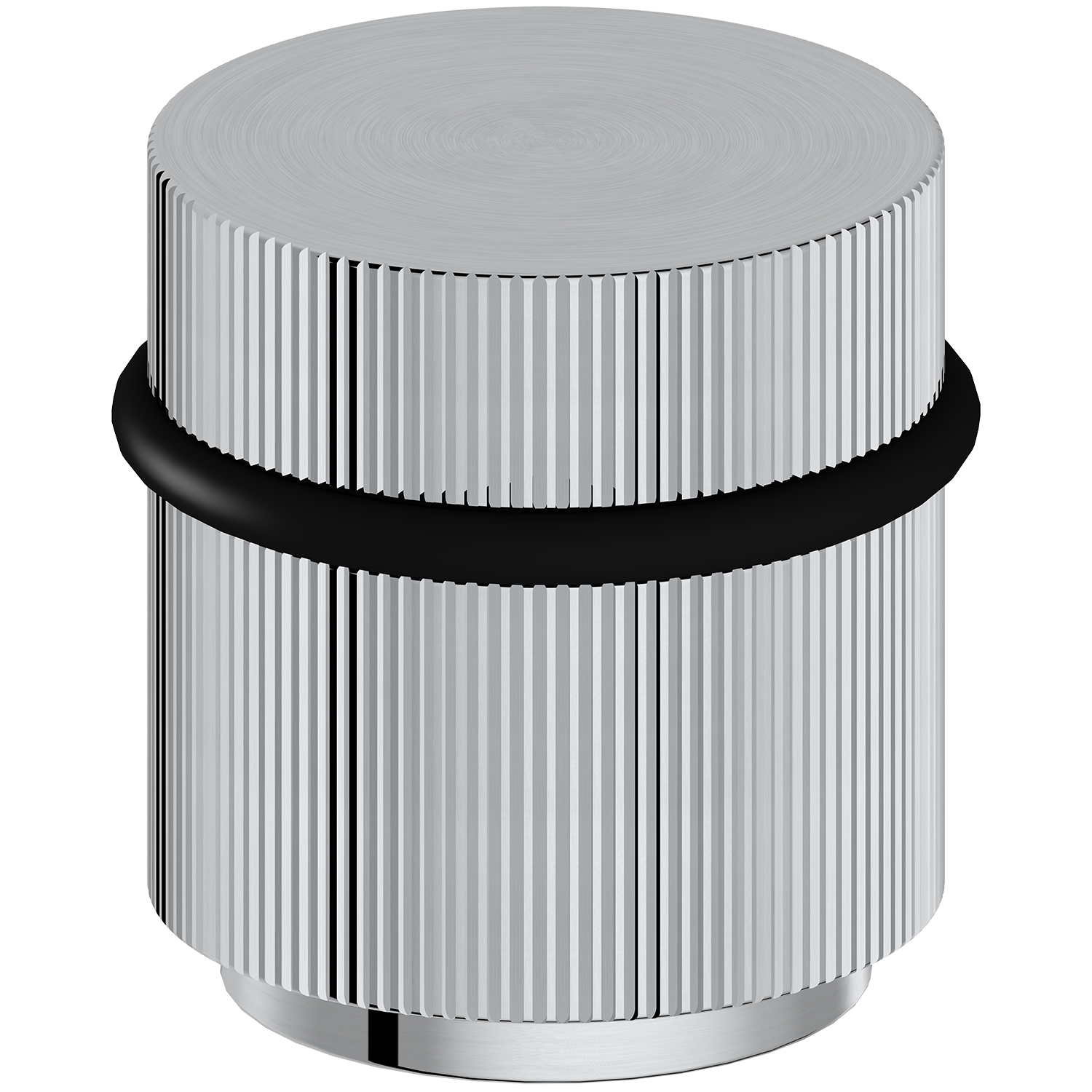 Chrome bathroom fitting with black rubber washer on a white background