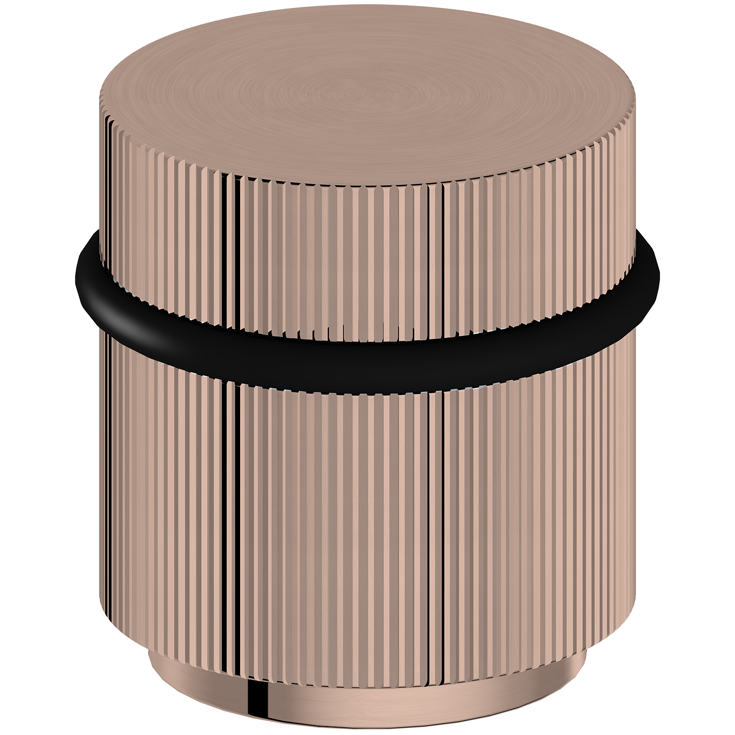 Round rose gold door object with ribbed texture and black band on a white background