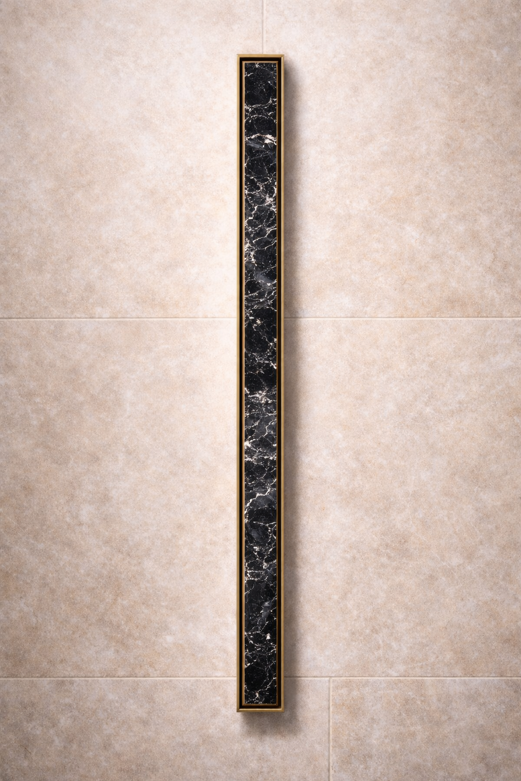 Long shower floor drain with marble pattern on a tiled floor