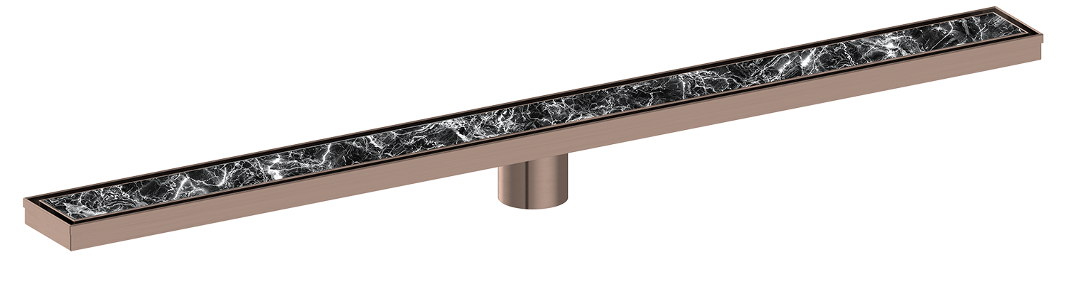 Long rectangular rose gold floor drain with decorative elements on a white background