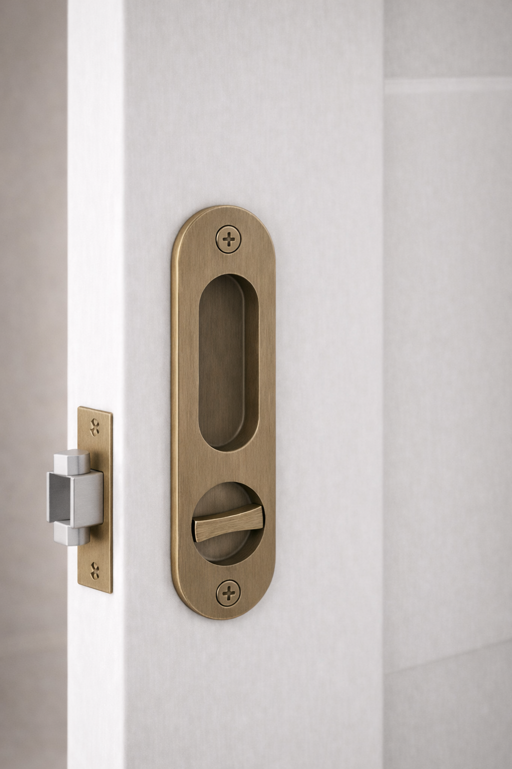 Brass door handle and lock on a white door