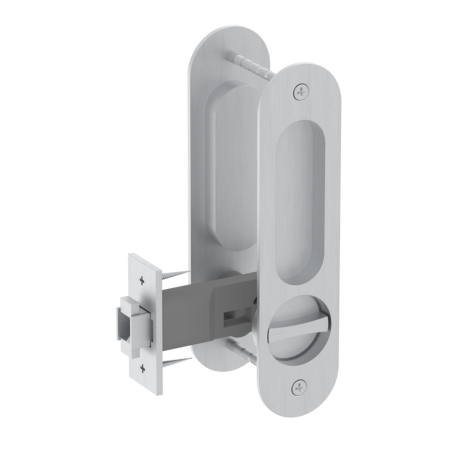 Silver door handle and lock mechanism on a white background