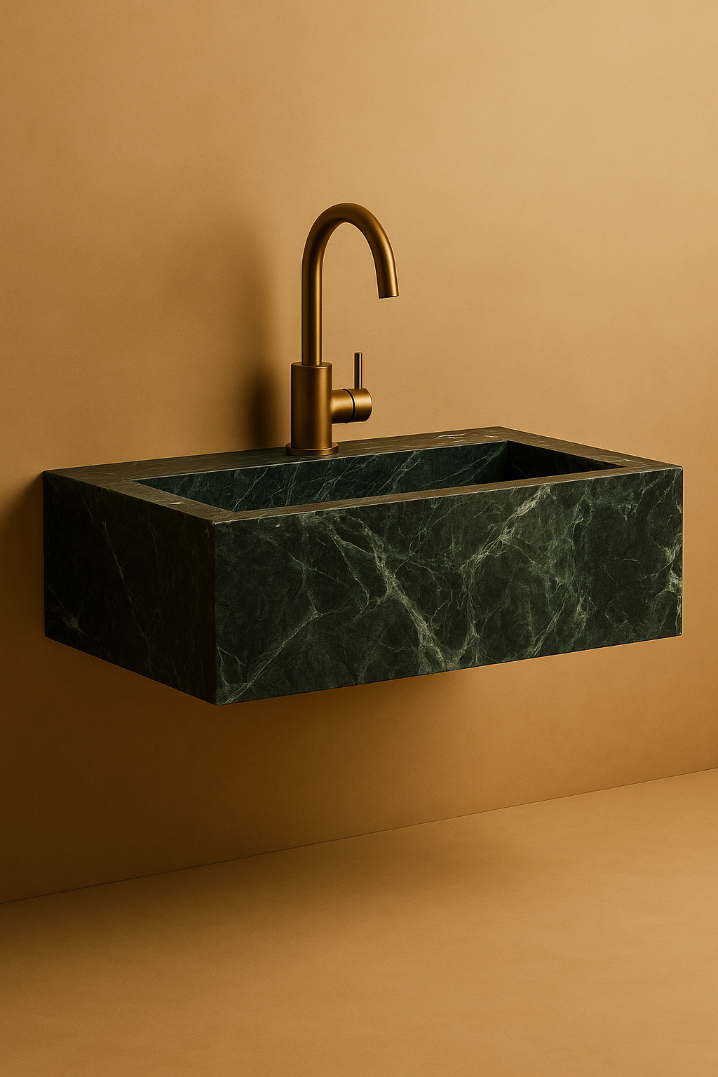 Green marble sink with gold faucet against a beige wall