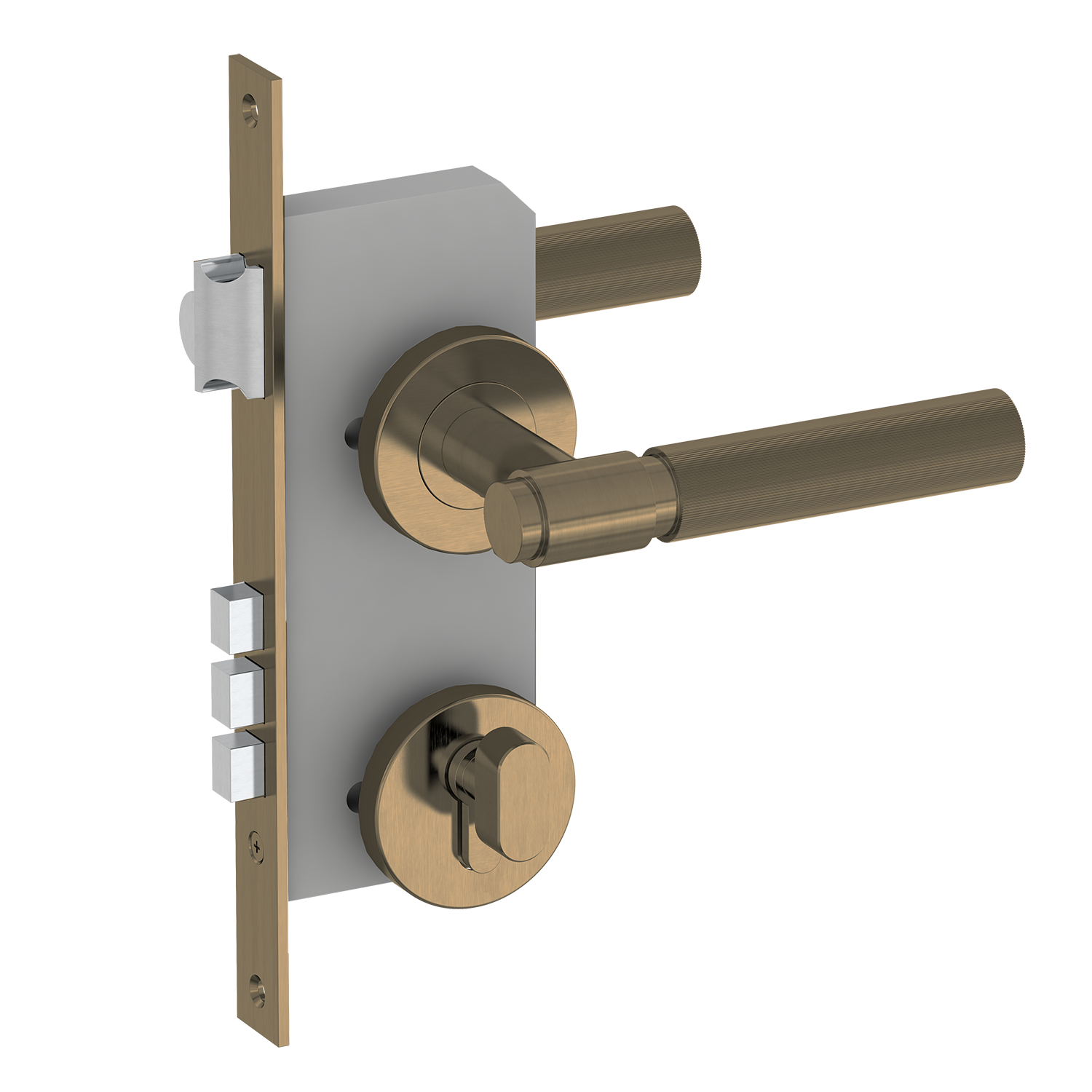 Brass door handle and lock mechanism on a white background