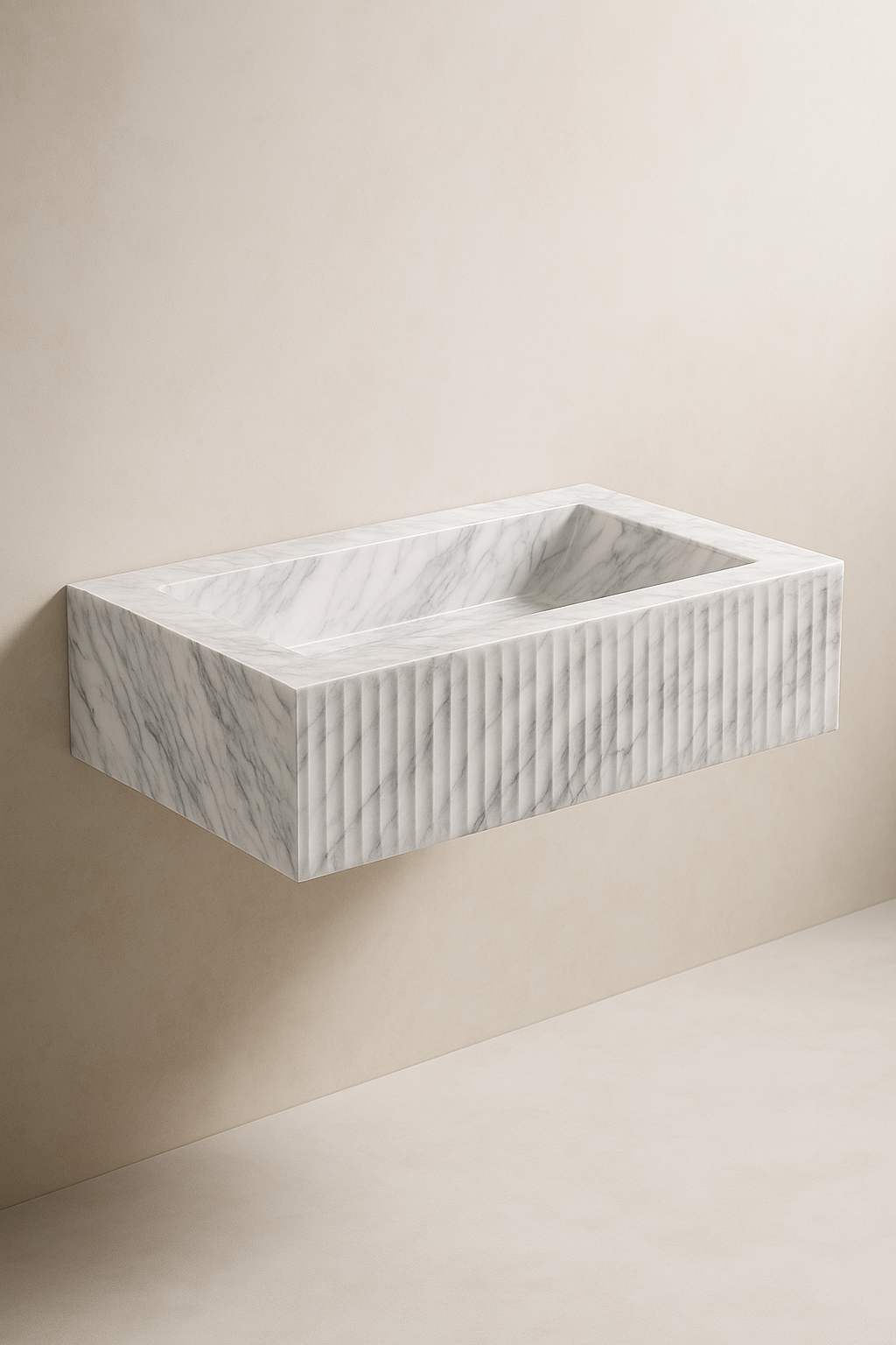 Marble-patterned rectangular sink mounted on a beige wall.