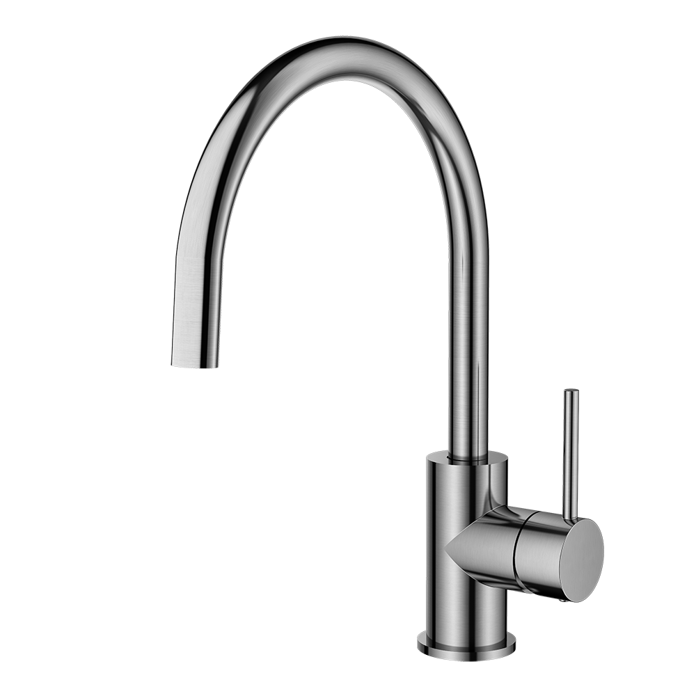 Brushed Nickel kitchen faucet on a white background