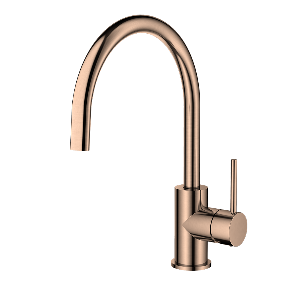 Rose gold kitchen faucet on a white background