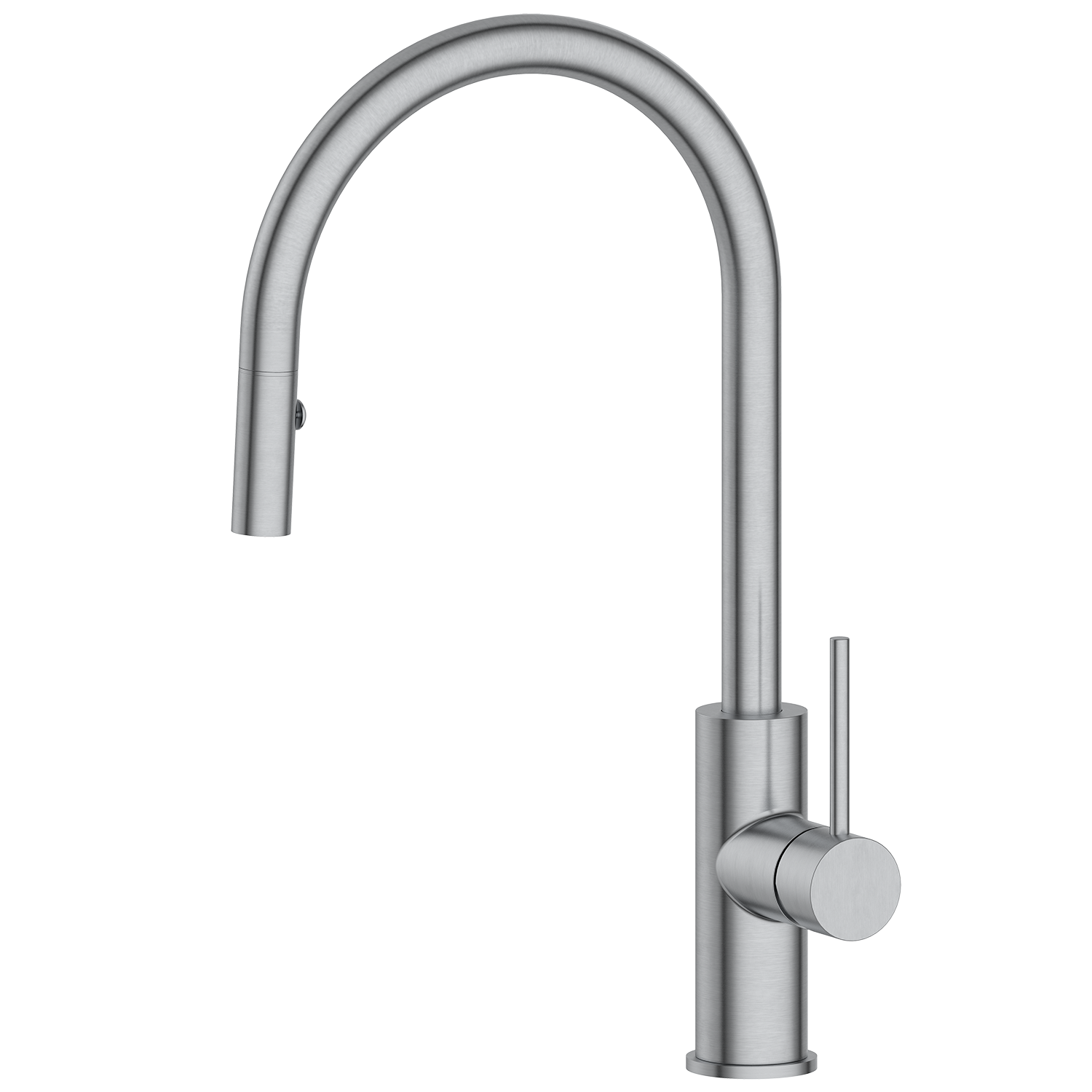 Modern kitchen faucet with a curved design on a white background