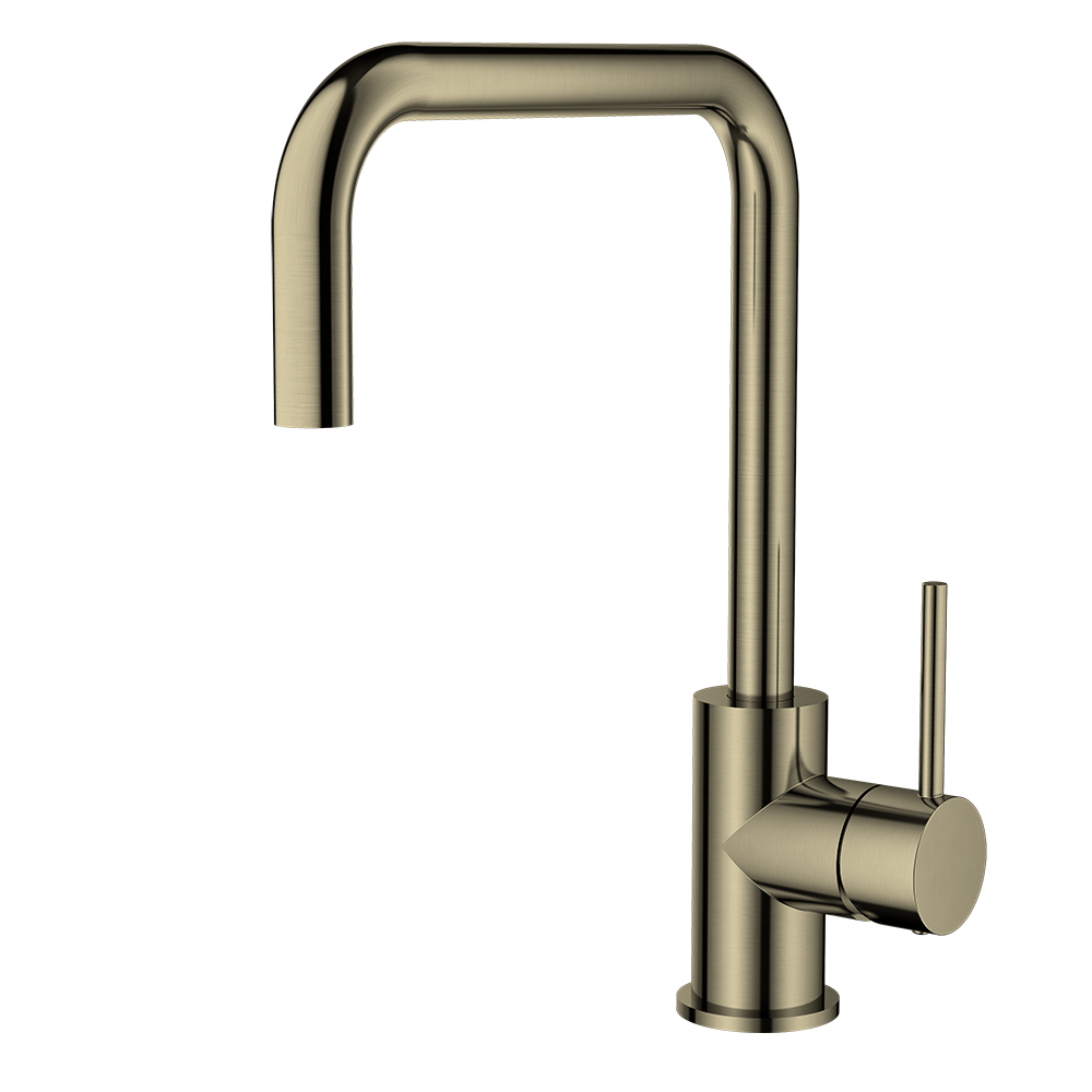 Modern kitchen faucet with a brushed gold finish on a white background
