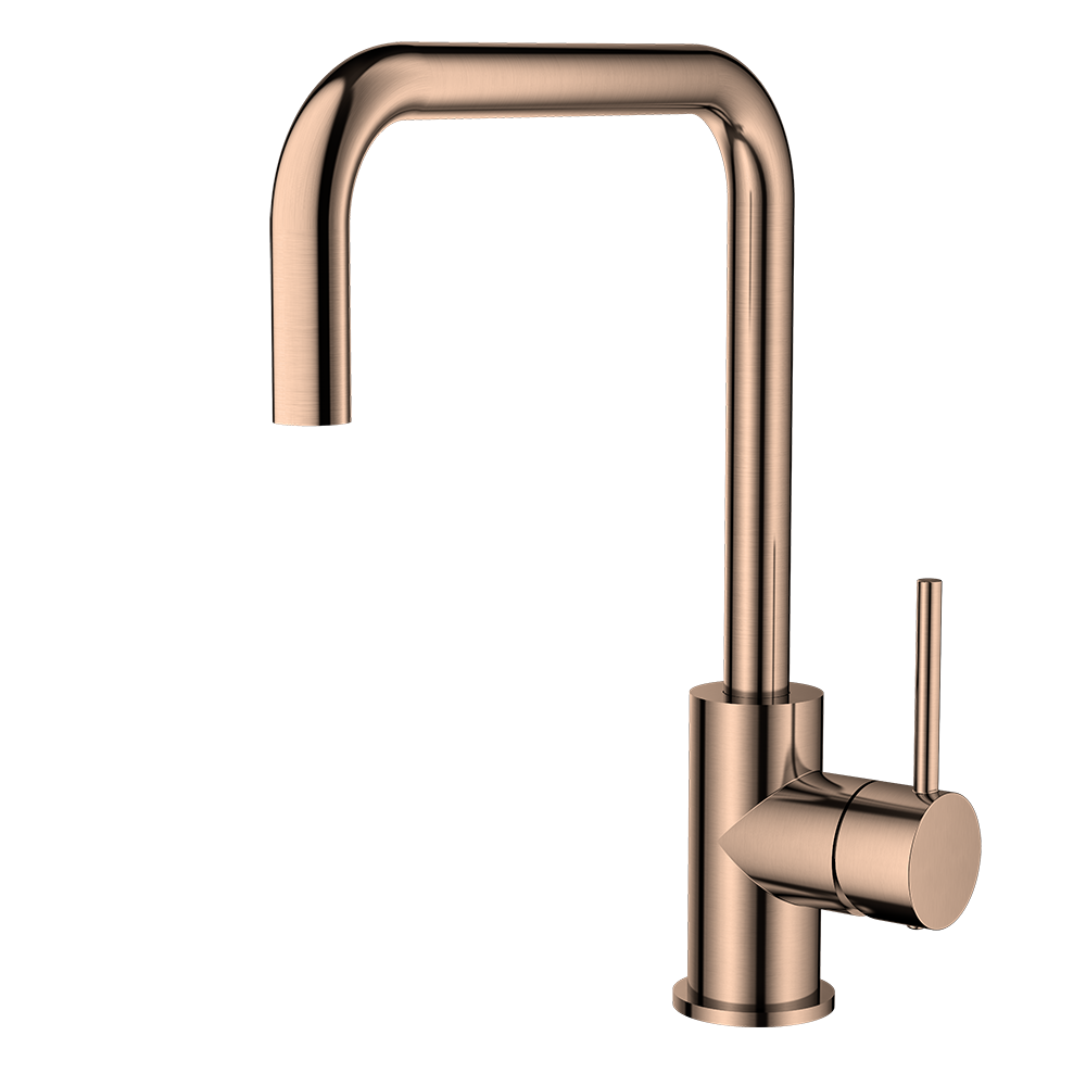 Rose gold kitchen faucet on a white background