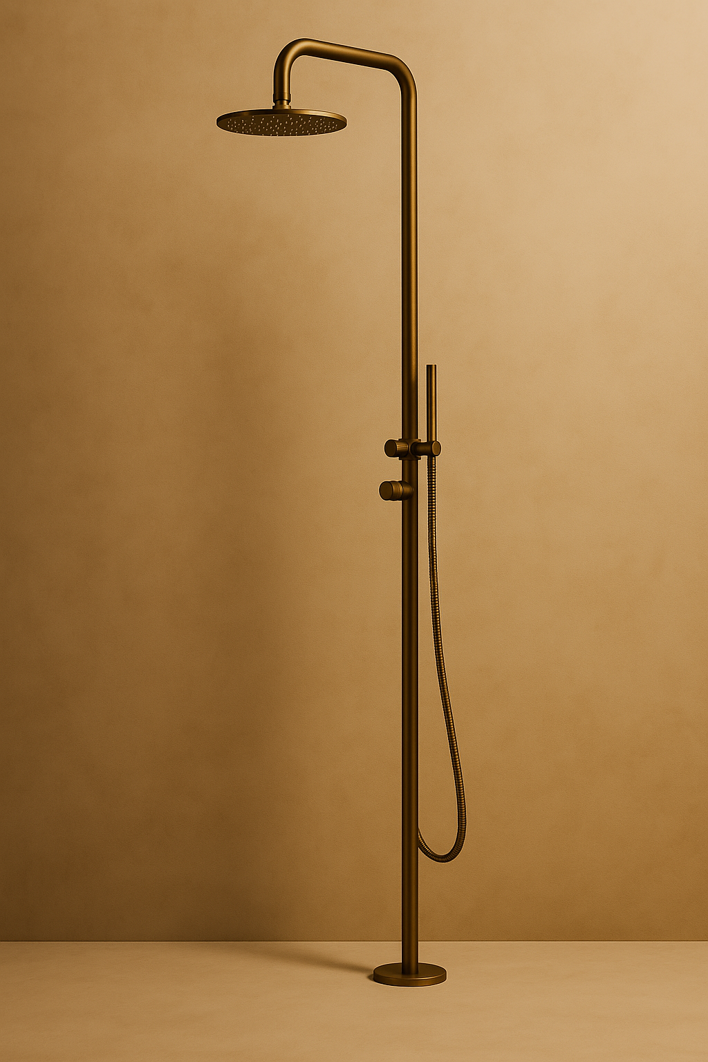 Bronze outdoor shower system on a beige background