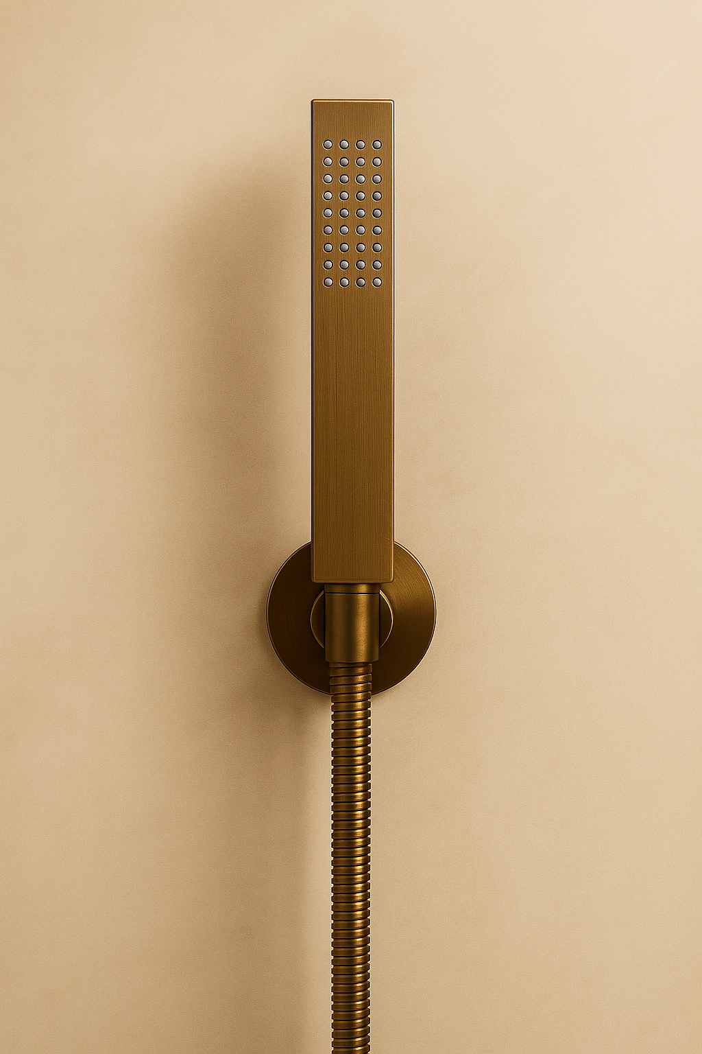 Brass shower head and hose mounted on a beige wall